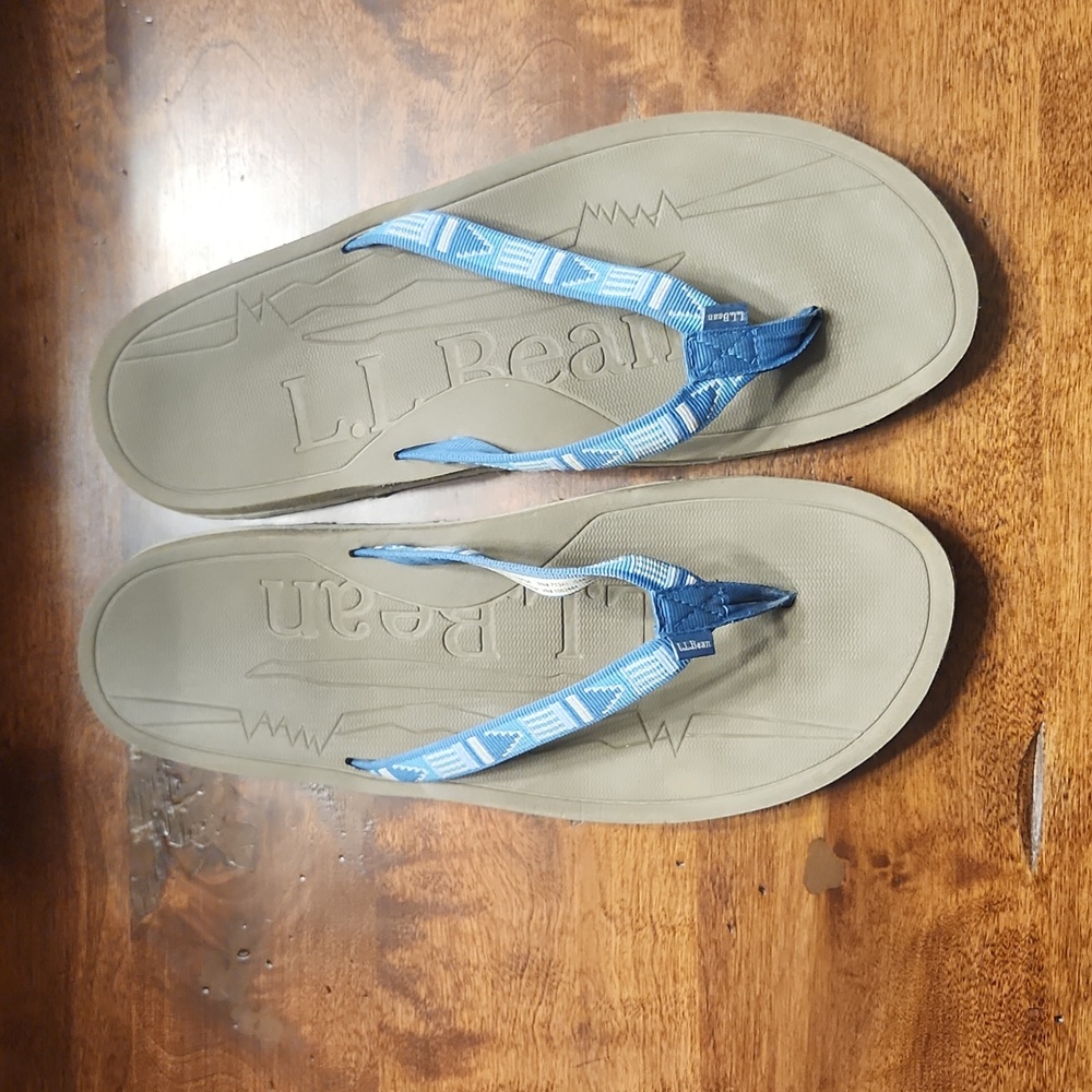LL Bean Swift River Blue Leather Slip On Flip Flop Thong Sandals Size 10 M